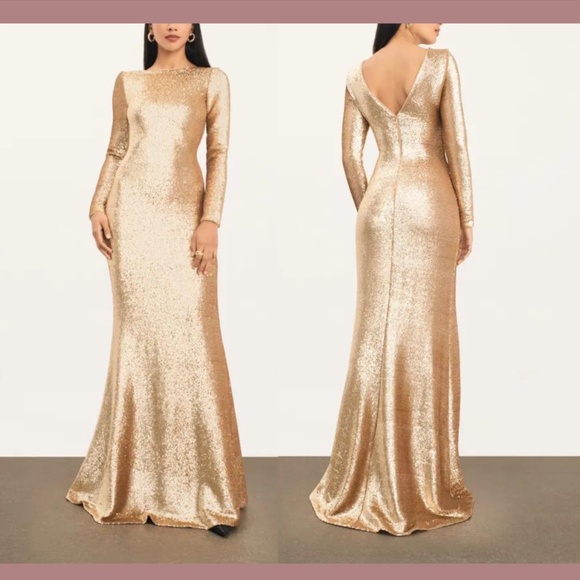 NEW $650 Donna Karan New York [ 4 ] Long Sleeve Stacked Sequin‎ Gown Gold - Picture 1 of 12
